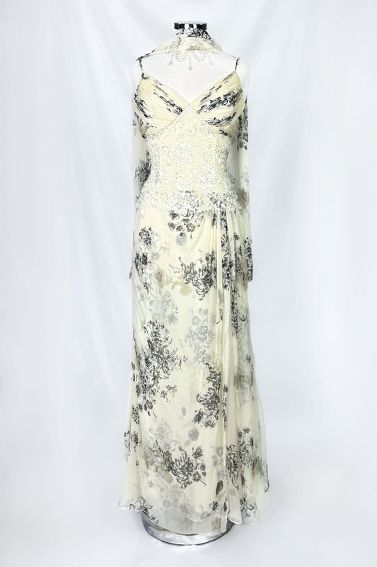 IVORY REVERIE SILK LACE EMBELLISHED MAXI DRESS WITH MATCHING SCARF