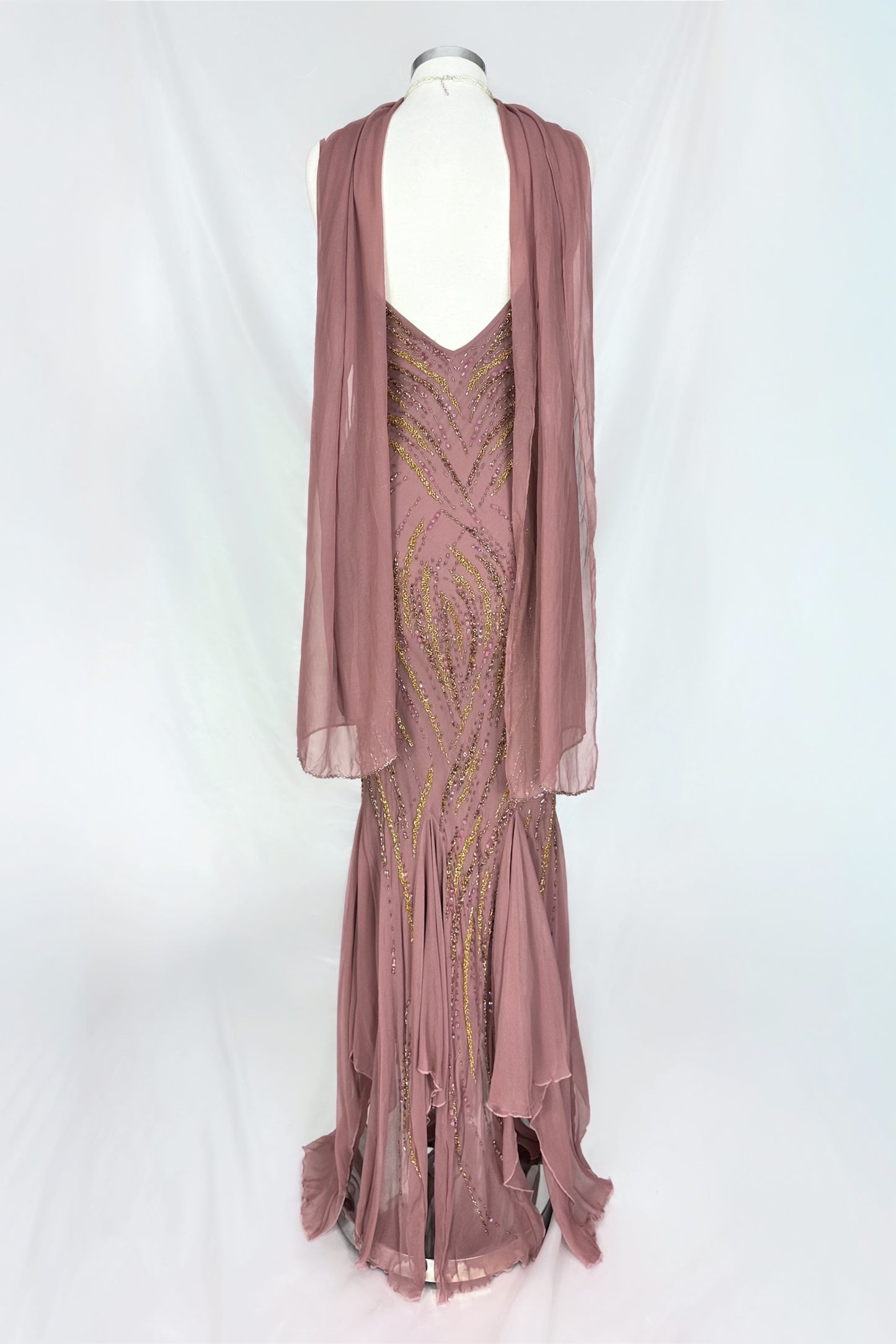 MUTED BLUSH MAUVE EMBELLISHED SILK GOWN & MATCHING SCARF SET