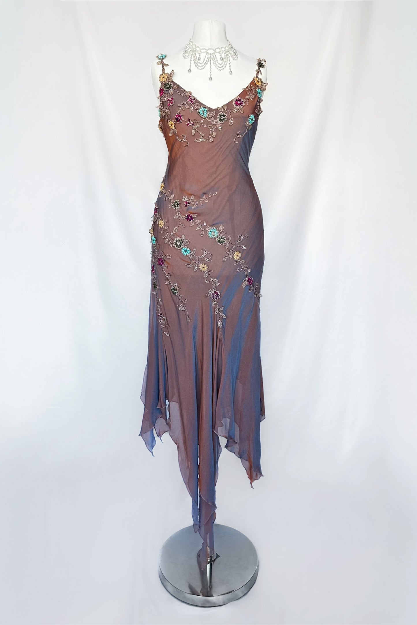 IRIDESCENT DUSK FLORAL EMBELLISHED ASYMMETRICAL MIDI DRESS