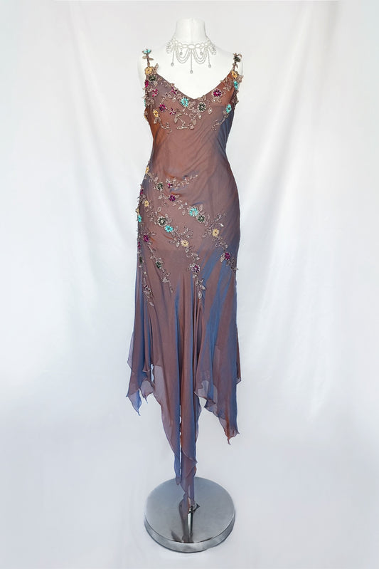 IRIDESCENT DUSK FLORAL EMBELLISHED ASYMMETRICAL MIDI DRESS