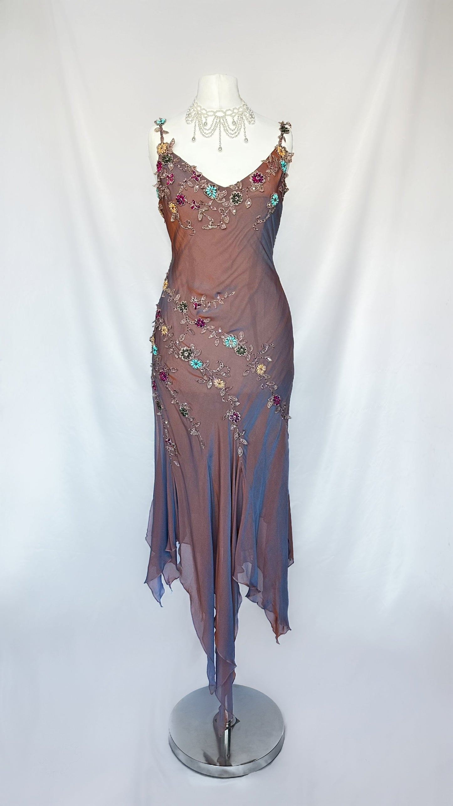 IRIDESCENT DUSK FLORAL EMBELLISHED ASYMMETRICAL MIDI DRESS