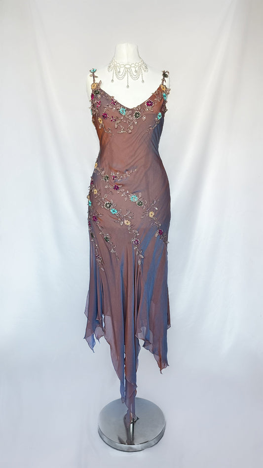 IRIDESCENT DUSK FLORAL EMBELLISHED ASYMMETRICAL MIDI DRESS