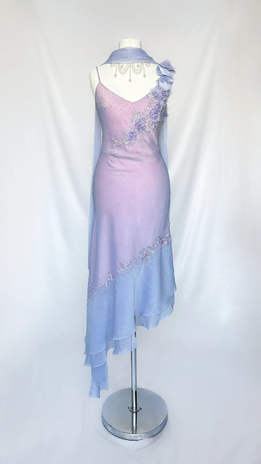 LILAC DREAMS FLORAL ASYMMETRICAL MIDI DRESS WITH MATCHING SCARF