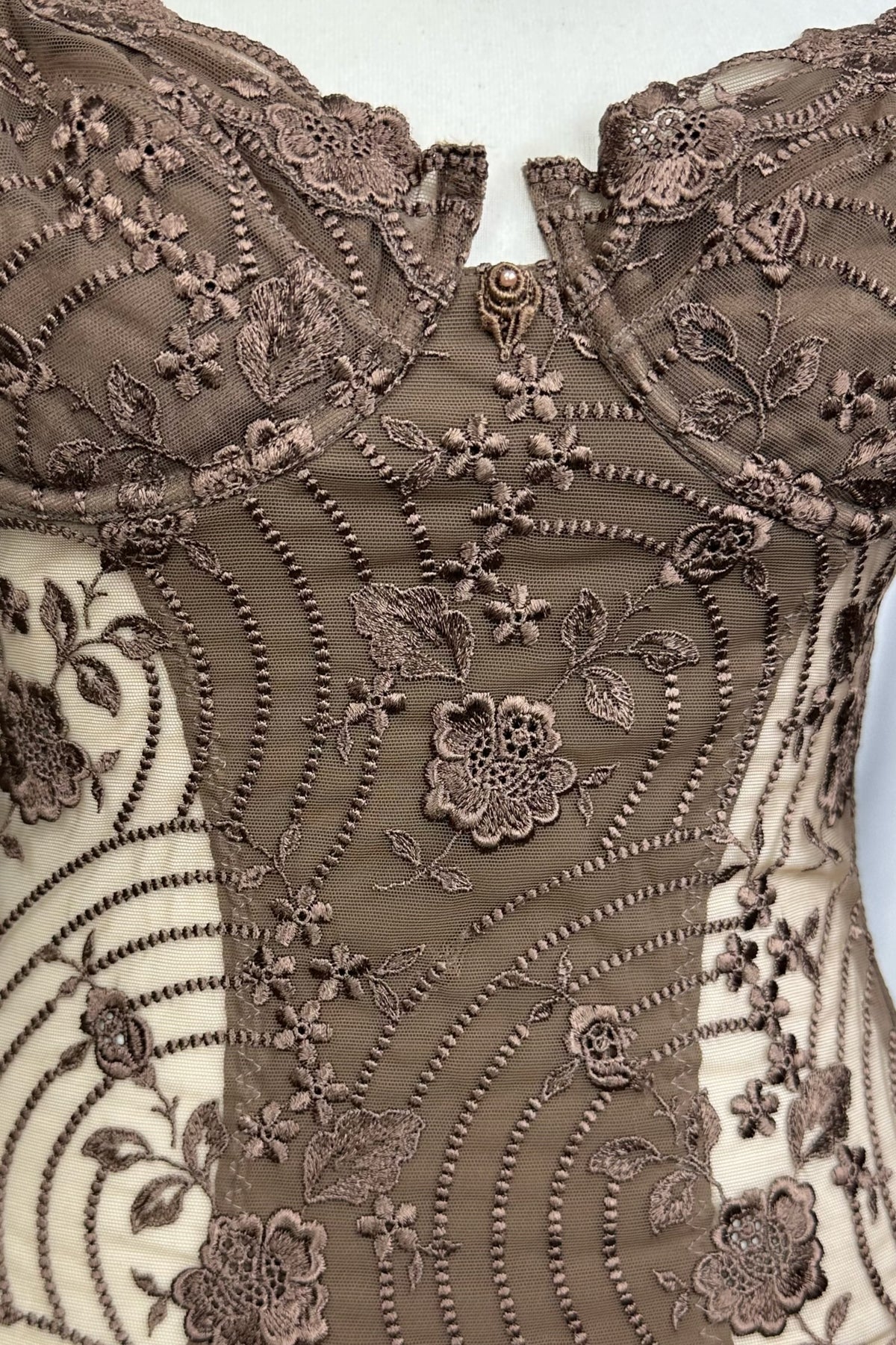 Mocha Brown 90s La Perla Floral Embroidered Corset Top