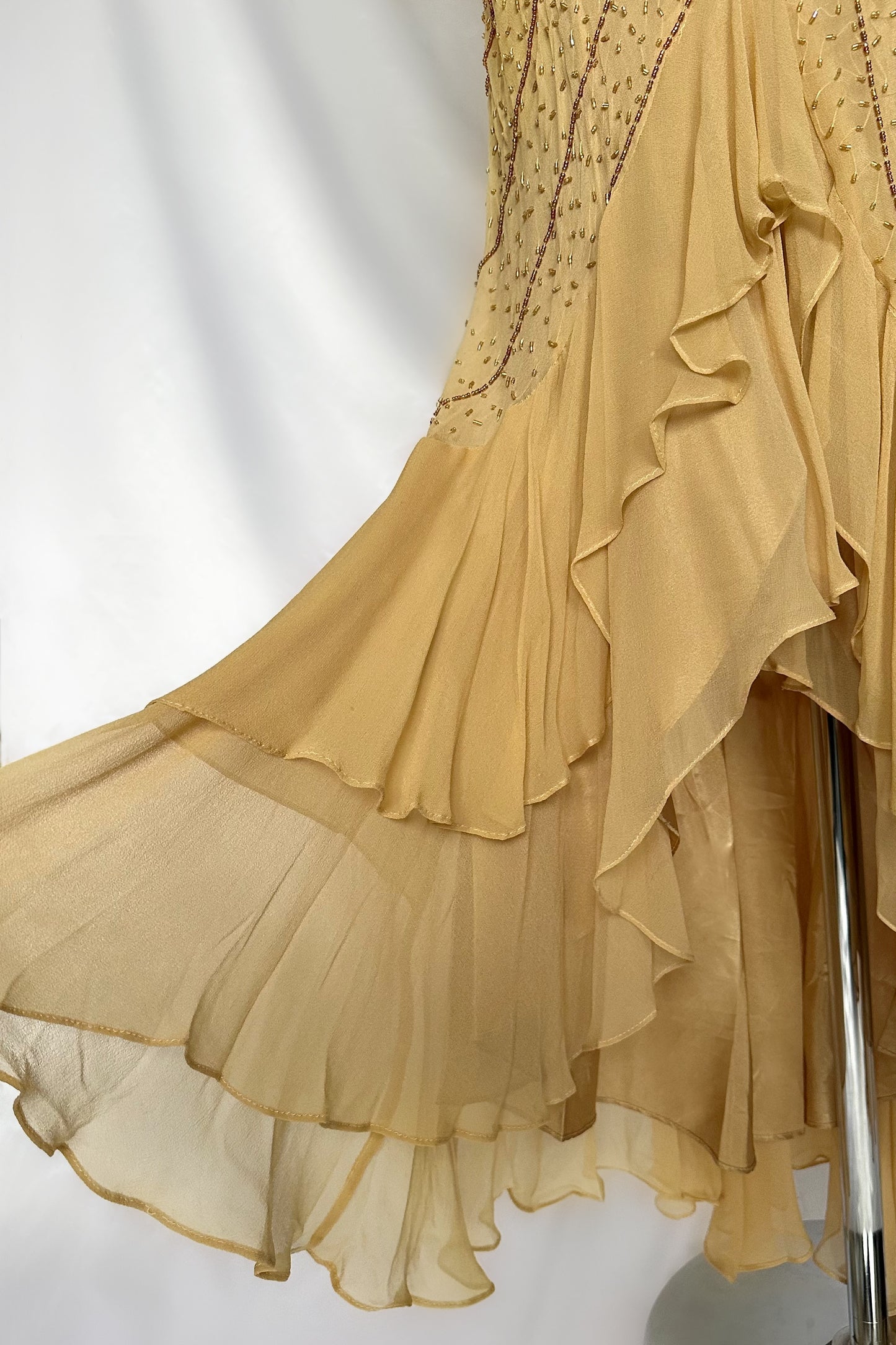 MATTE GOLD SILK EMBELLISHED ONE SHOULDER MAXI DRESS WITH MATCHING SCARF