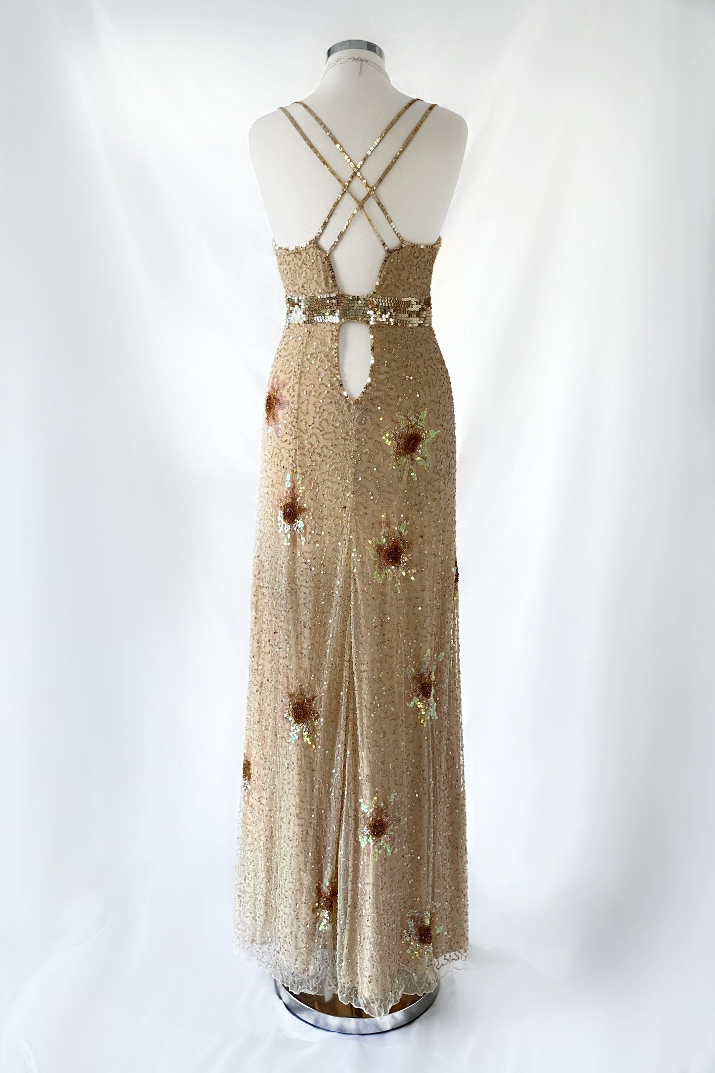 GOLD SUNFLOWER BACKLESS EMBELLISHED GOWN