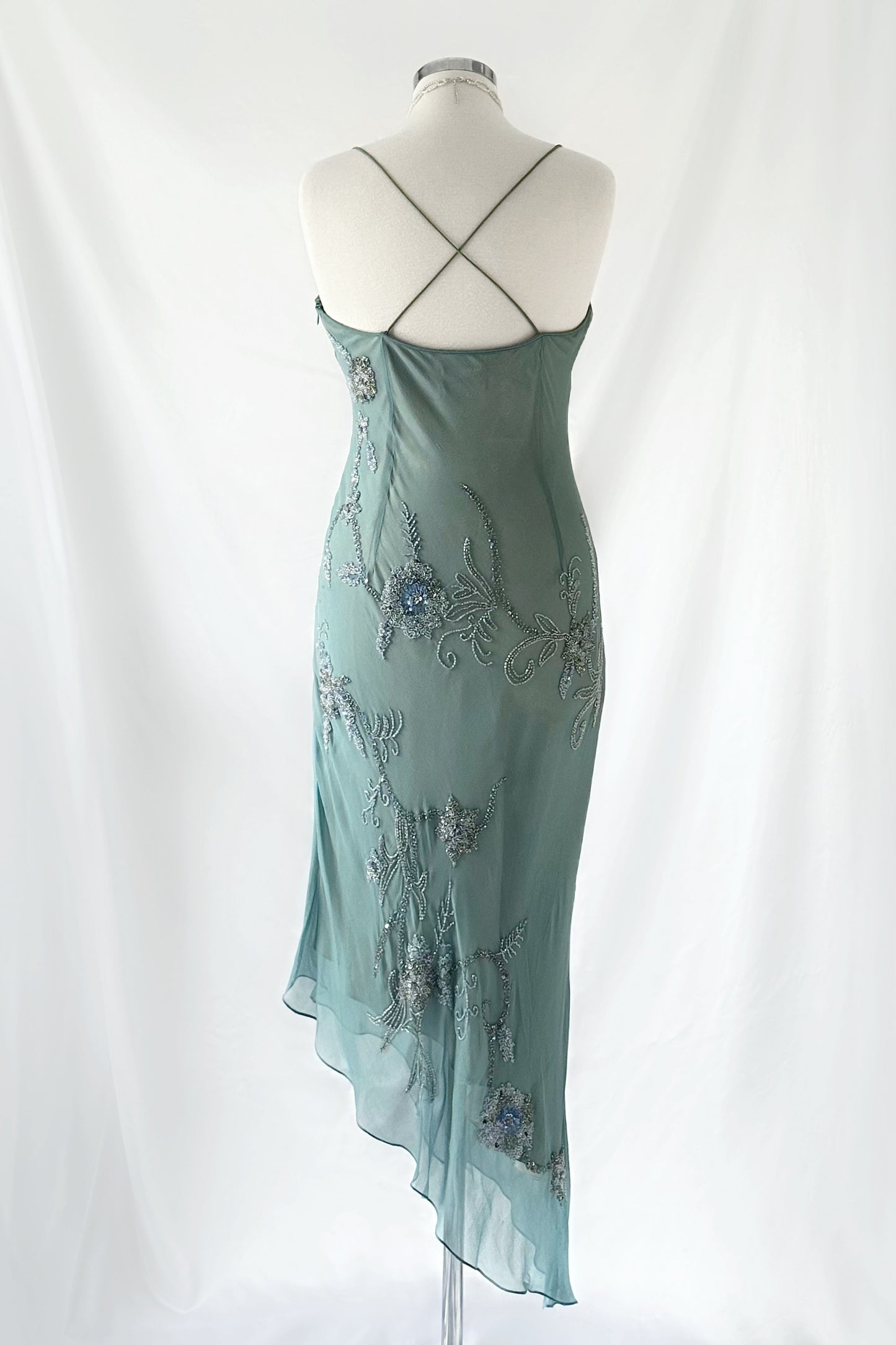 ICE BLUE ASYMMETRICAL FLORAL EMBELLISHED MIDI DRESS