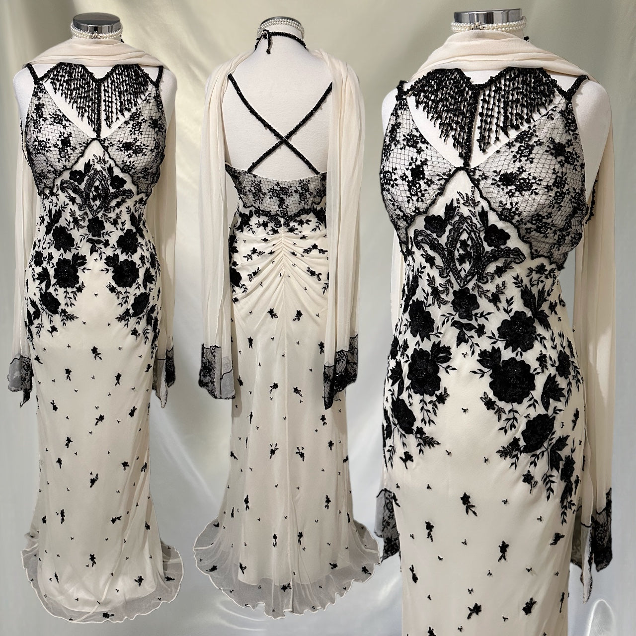 FLAPPER GIRL IVORY EMBELLISHED CHOCKER NECK GOWN & SCARF SET