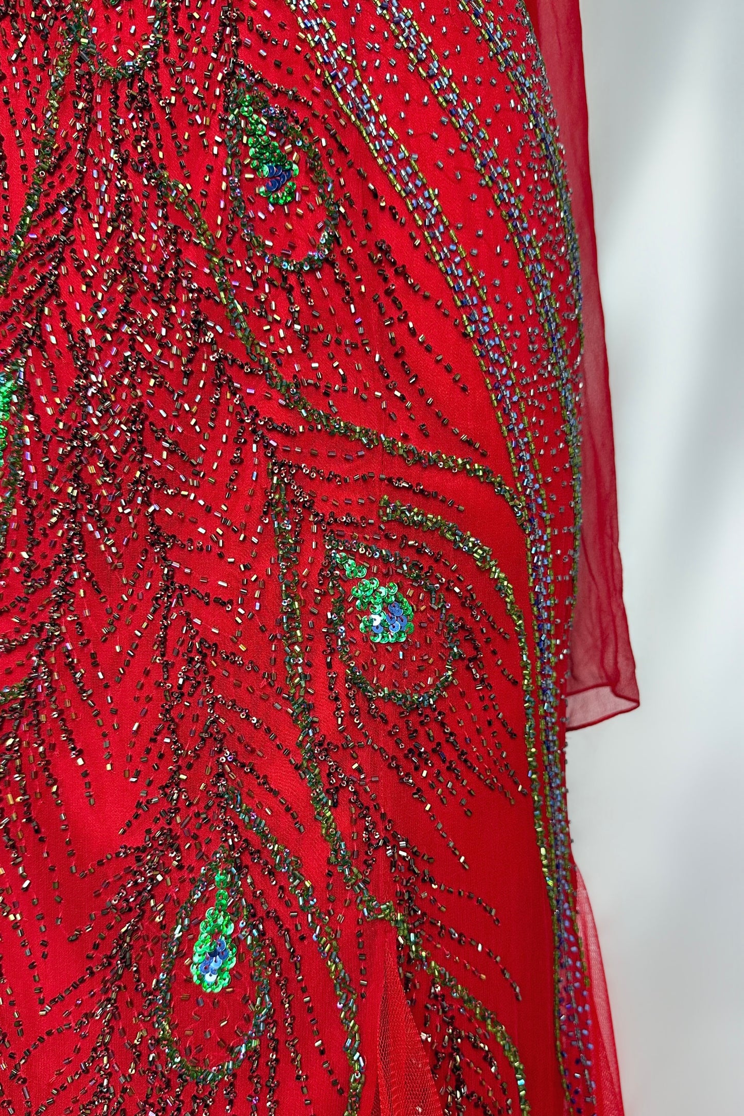 RUBY EMBELLISHED PEACOCK SILK STRAPLESS GOWN WITH MATCHING SCARF