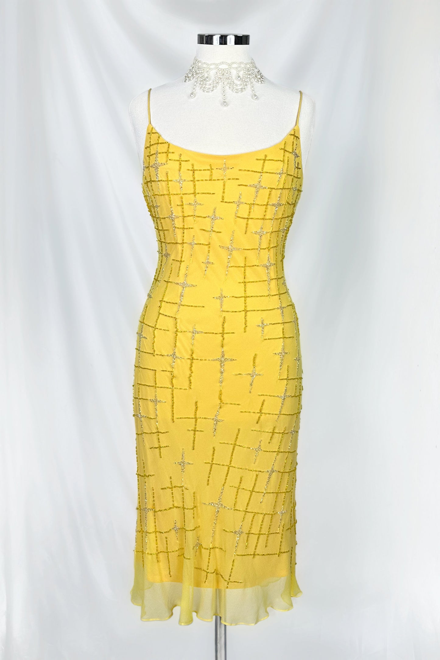 GOLDEN STARBURST EMBELLISHED SILK YELLOW MIDI DRESS