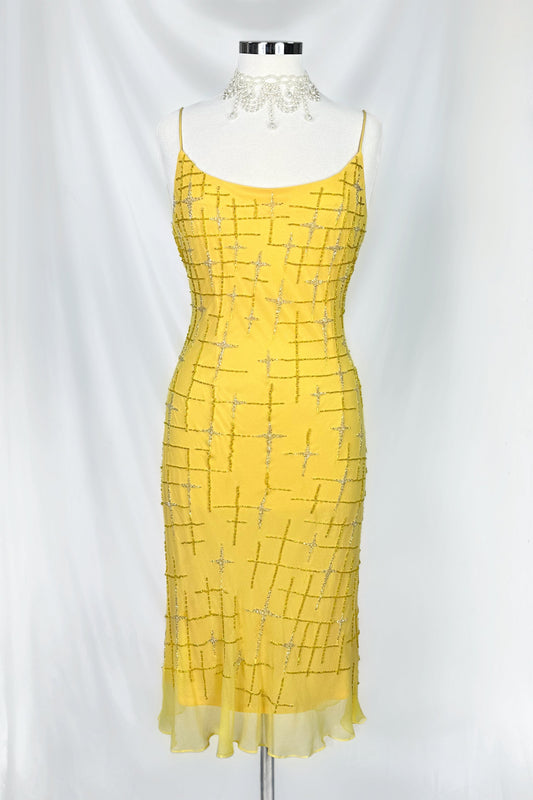 GOLDEN STARBURST EMBELLISHED SILK YELLOW MIDI DRESS