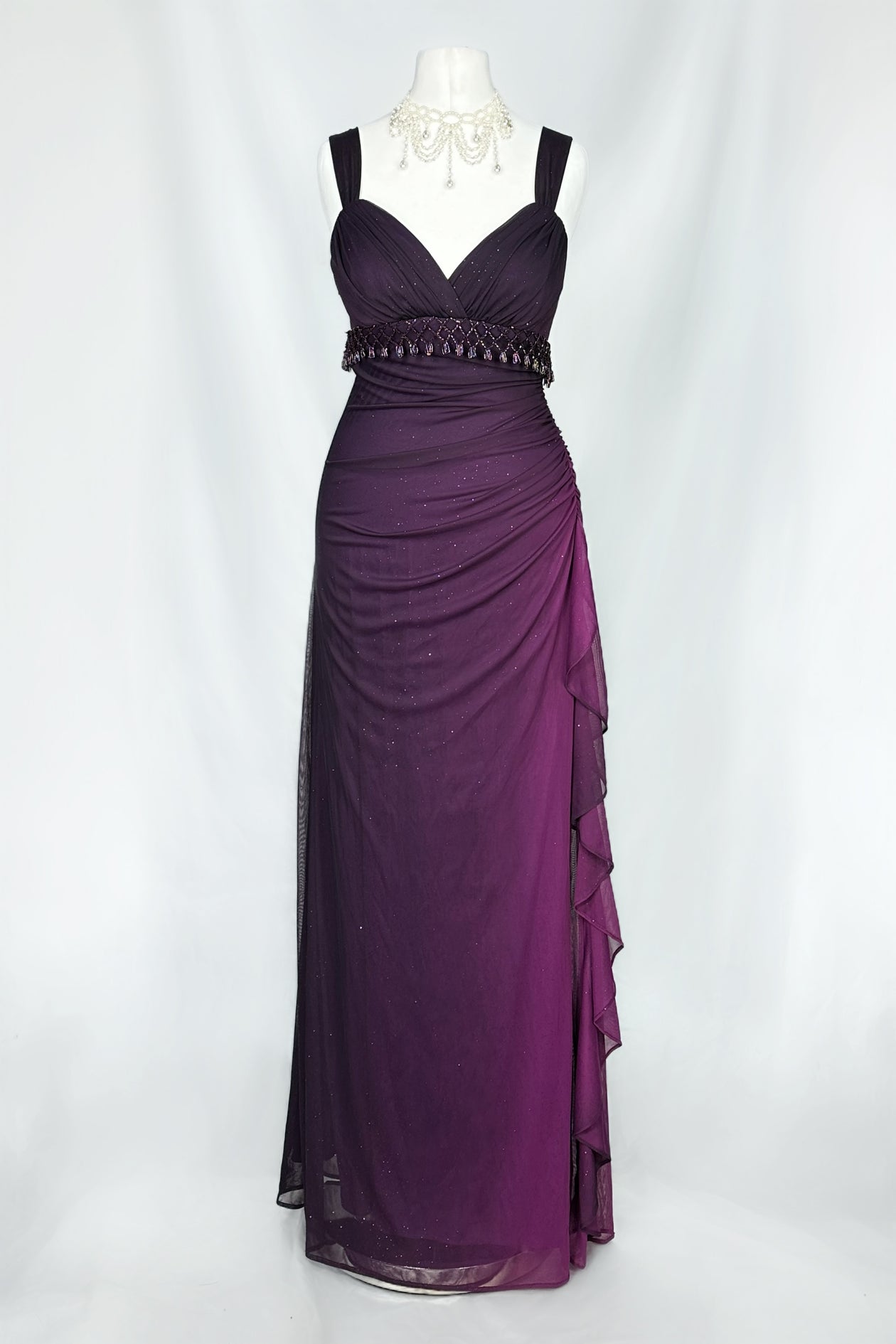 Shimmering Midnight Amethyst Ruched Maxi Dress