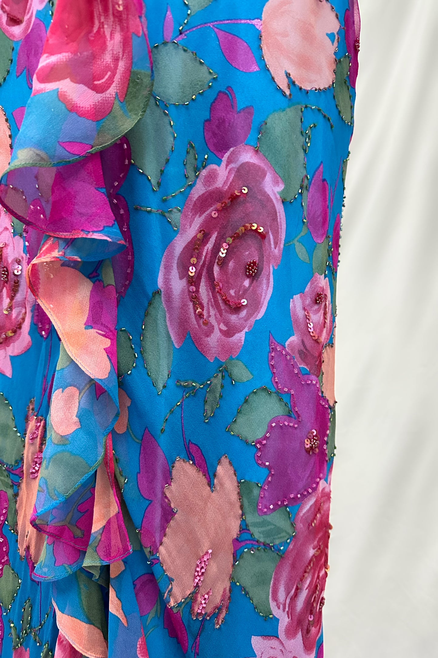 Cerulean Blue Floral Silk Embellished Maxi Dress