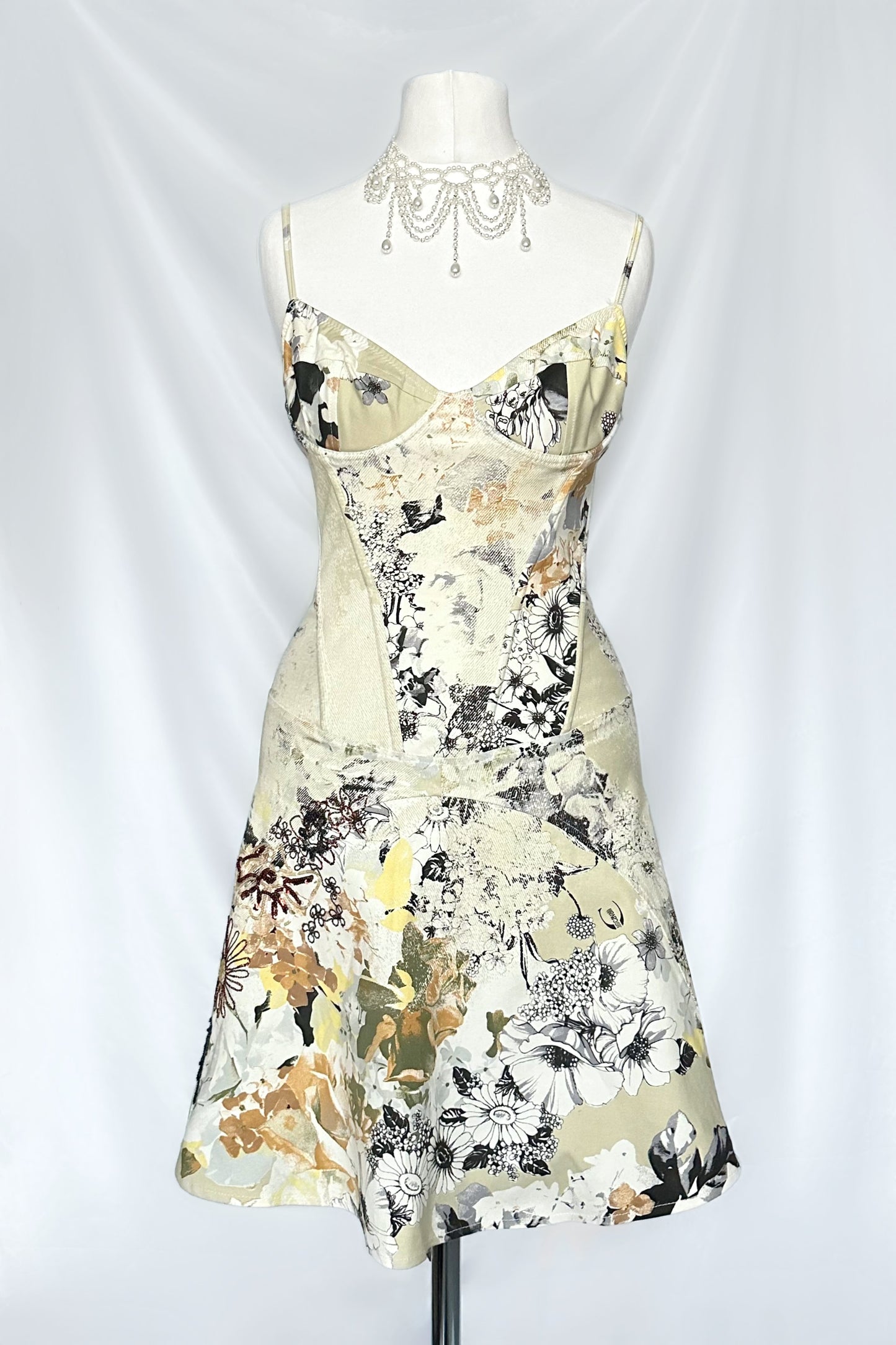 VINTAGE 00s ROBERTO CAVALLI DENIM FLORAL ABSTRACT CORSET MIDI