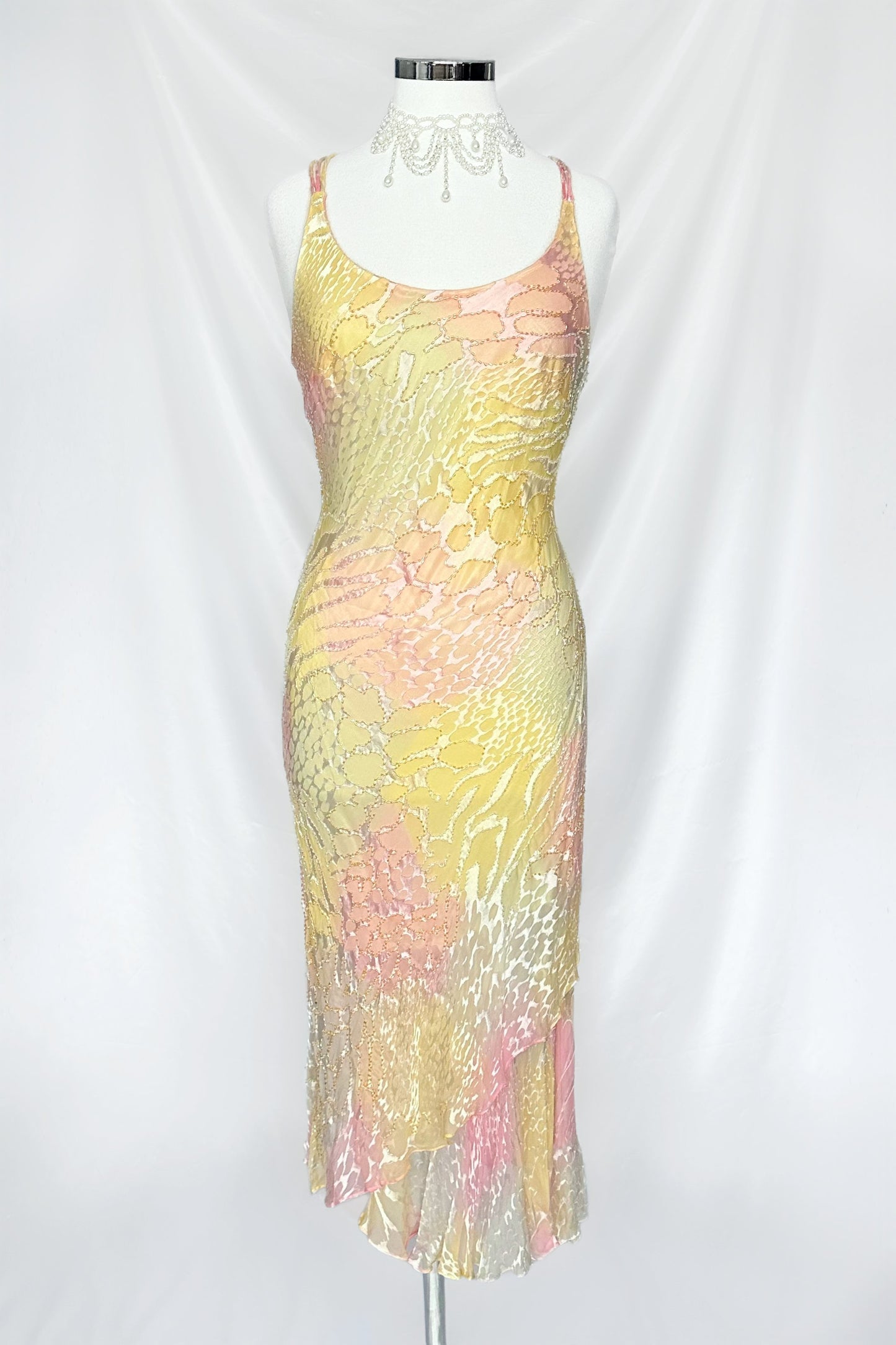 PASTEL SORBET SILK EMBELLISHED ASYMMETRICAL MIDI DRESS