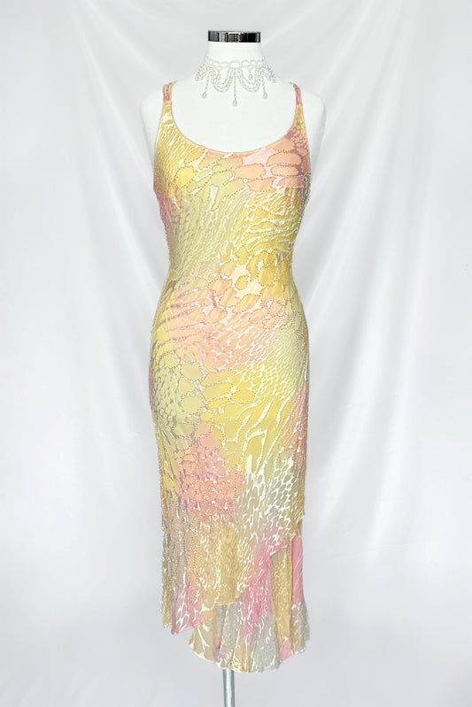 PASTEL SORBET SILK EMBELLISHED ASYMMETRICAL MIDI DRESS