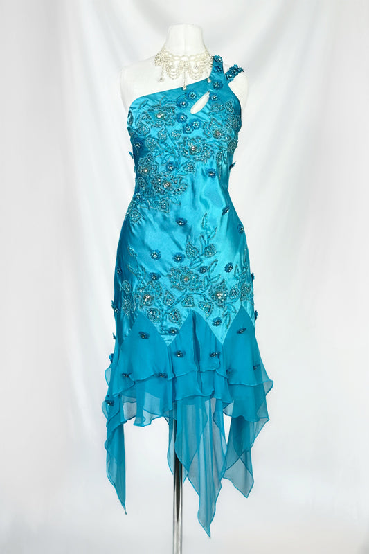 OCEAN BLUE ONE-SHOULDER EMBELLISHED JELLYFISH MIDI DRESS
