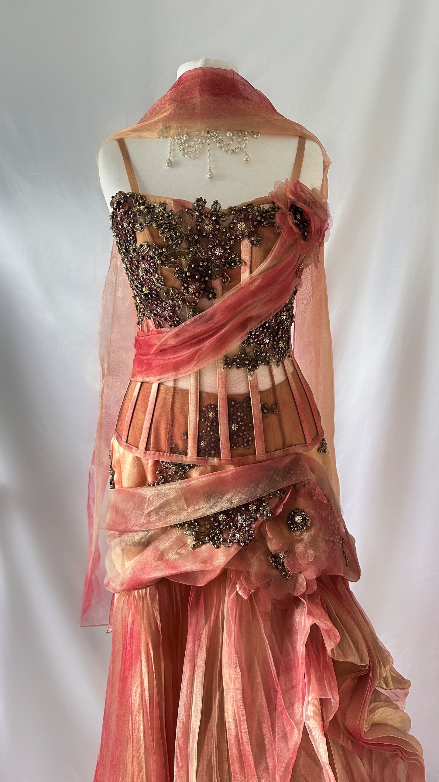 THE GOLDEN ROSE MESH CORSET, SKIRT & SCARF SET