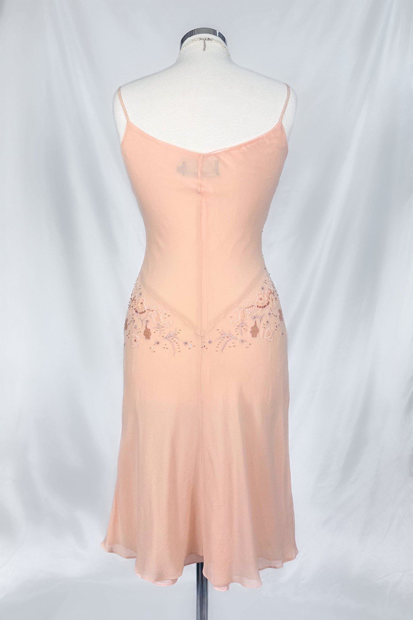 PEACH PRINCESS SILK FLORAL EMBELLISHED MIDI DRESS