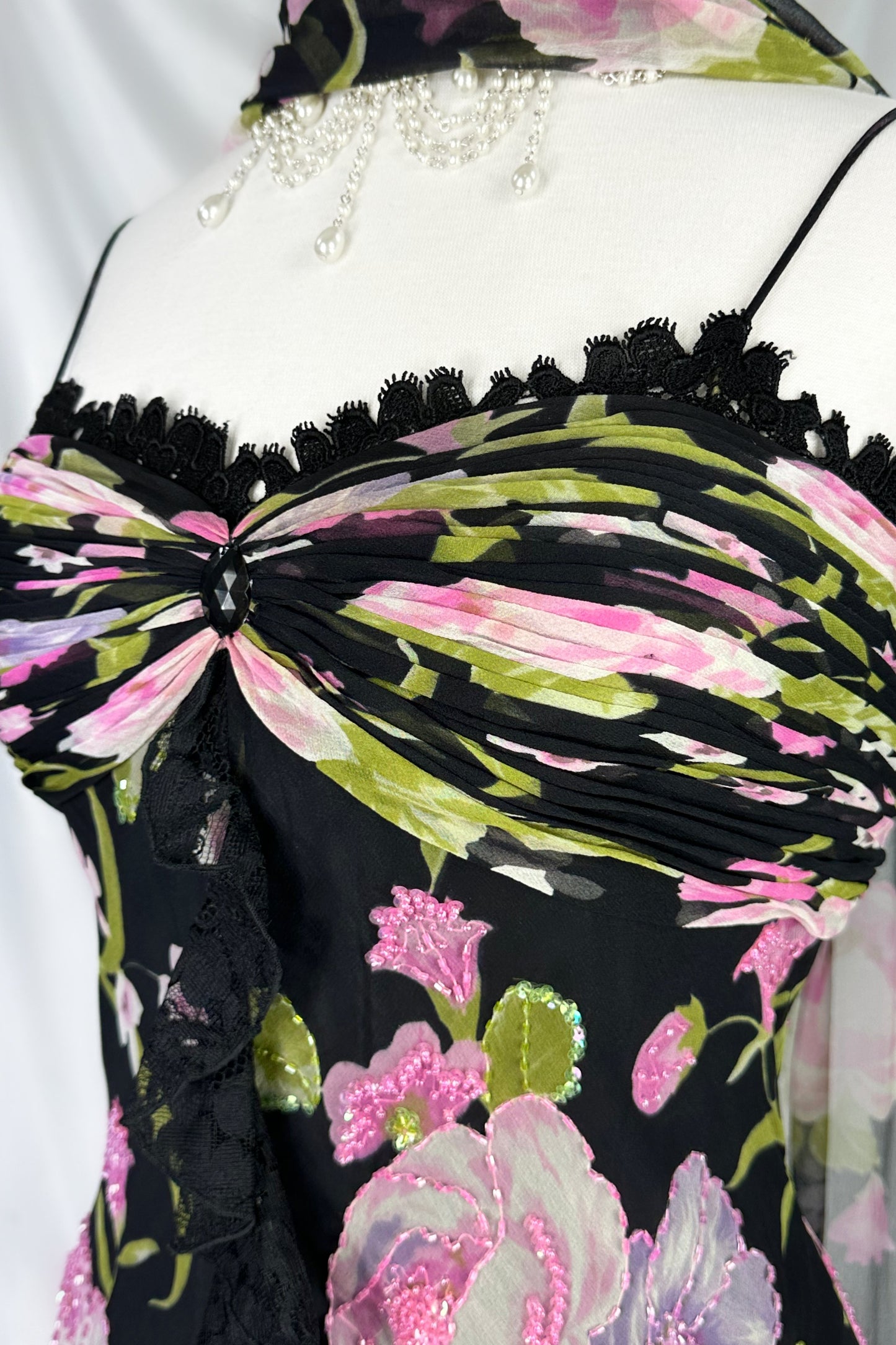 MIDNIGHT GARDENIA EMBELLISHED SILK DRESS & SCARF SET