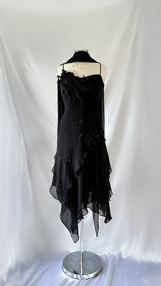 NOIR FLOWER EMBELLISHED ASYMMETRICAL DRESS & SCARF SET