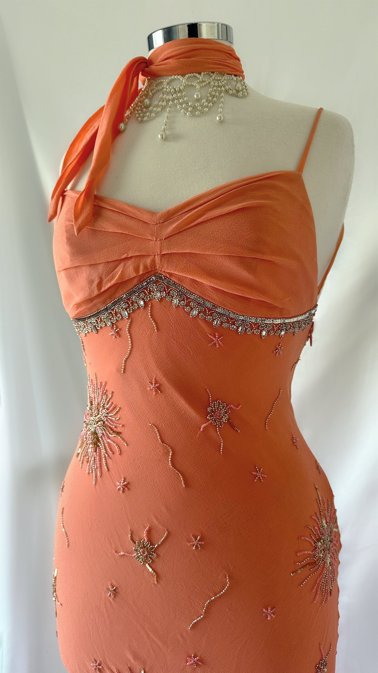PEACHY EMBELLISHED SILK BACKLESS DRESS & MINI SCARF SET