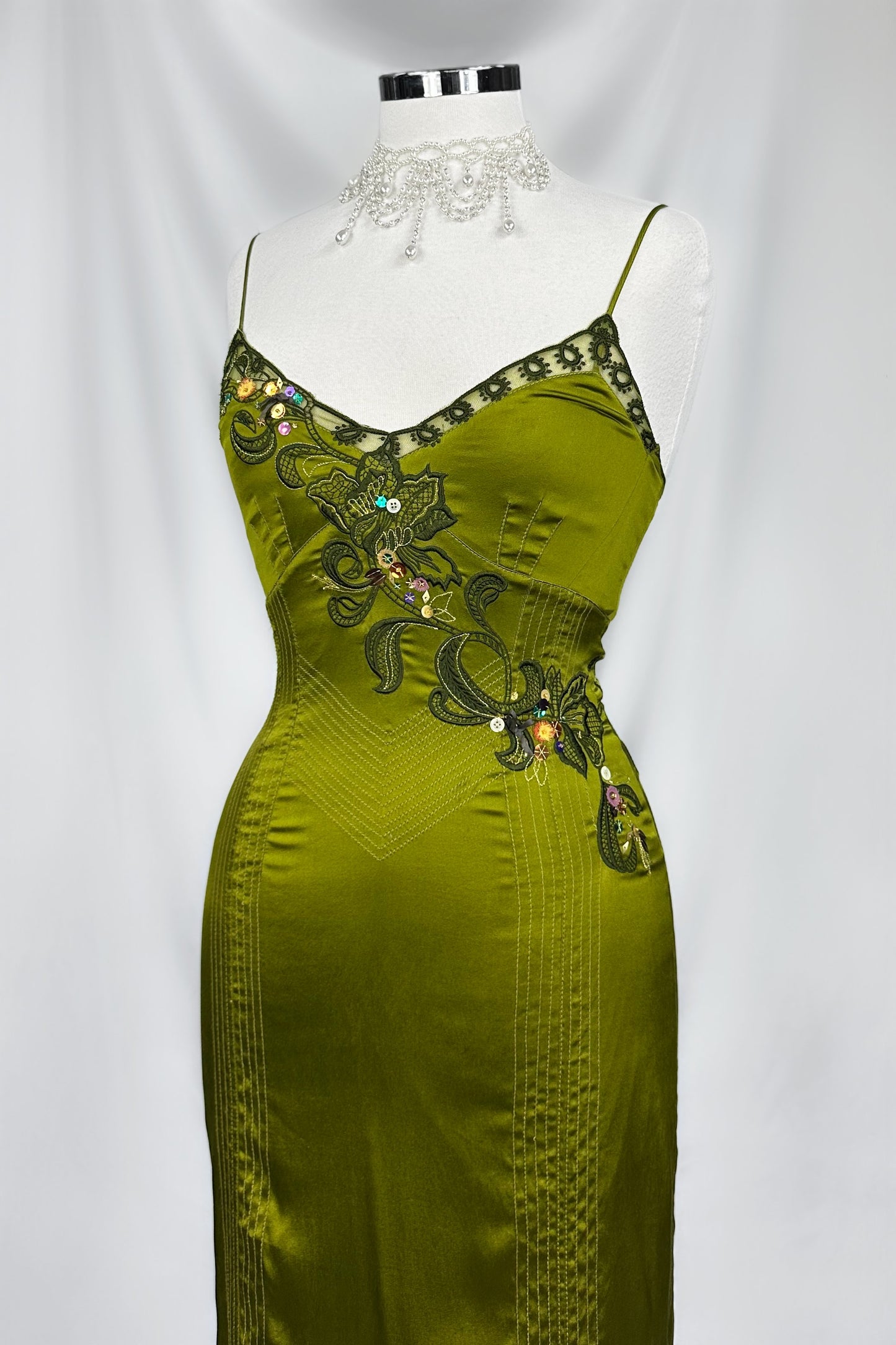 OLIVE MARTINI FAIRY SILK EMBROIDERED MIDI DRESS