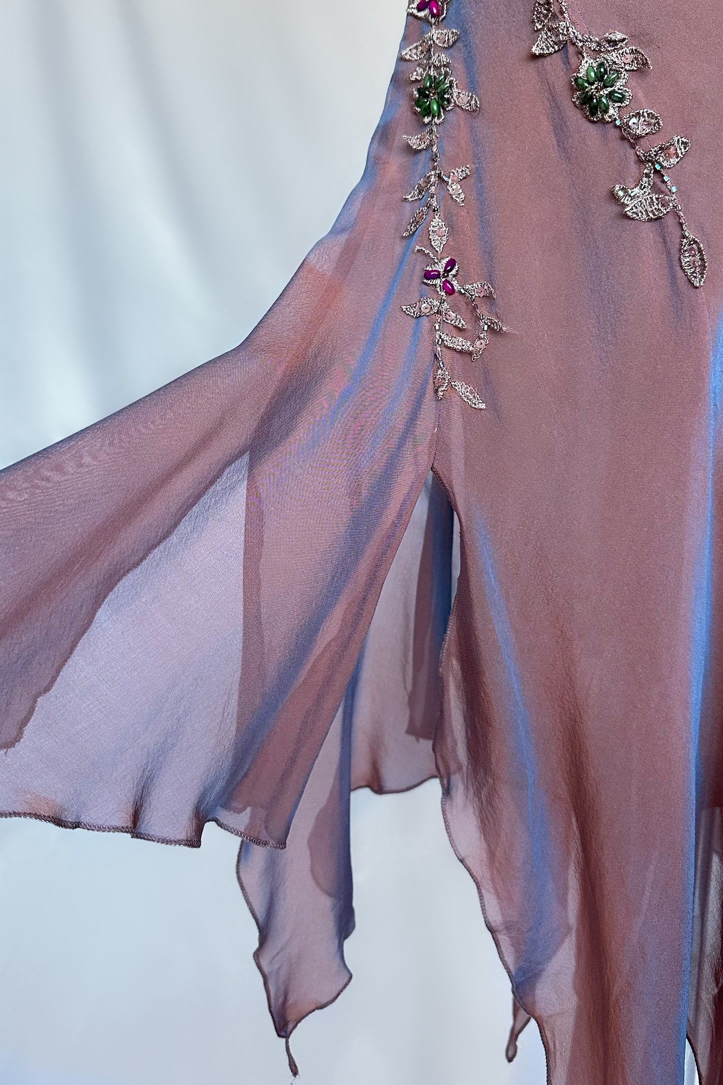 IRIDESCENT DUSK FLORAL EMBELLISHED ASYMMETRICAL MIDI DRESS