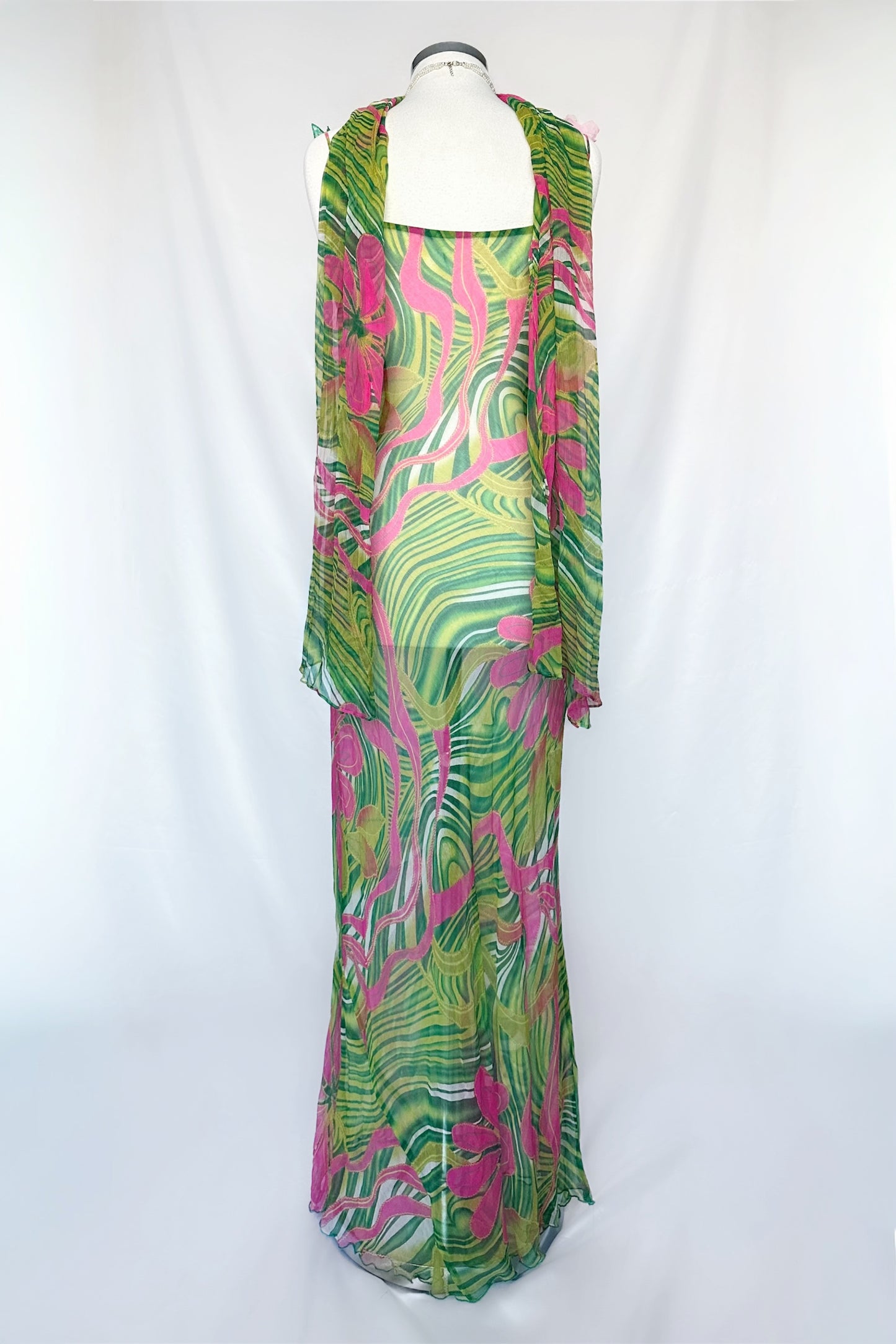ART DECO SILK FLORAL SHEER MAXI DRESS WITH MATCHING SCARF