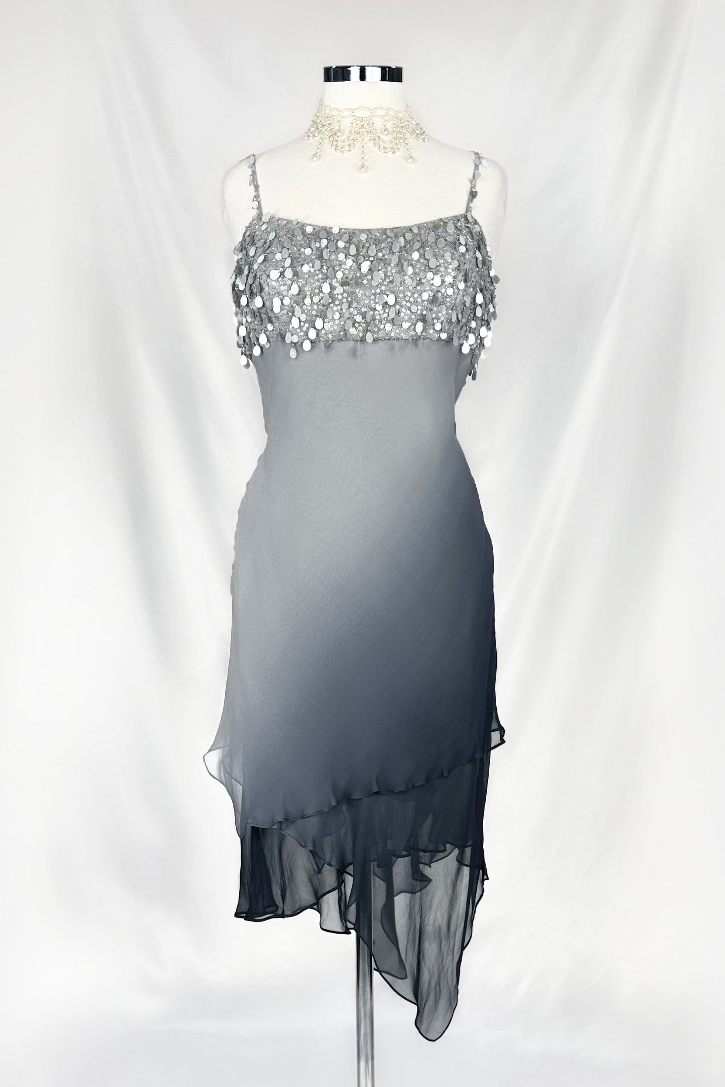 SILVER MIST SEQUIN SILK OMBRÉ MIDI DRESS