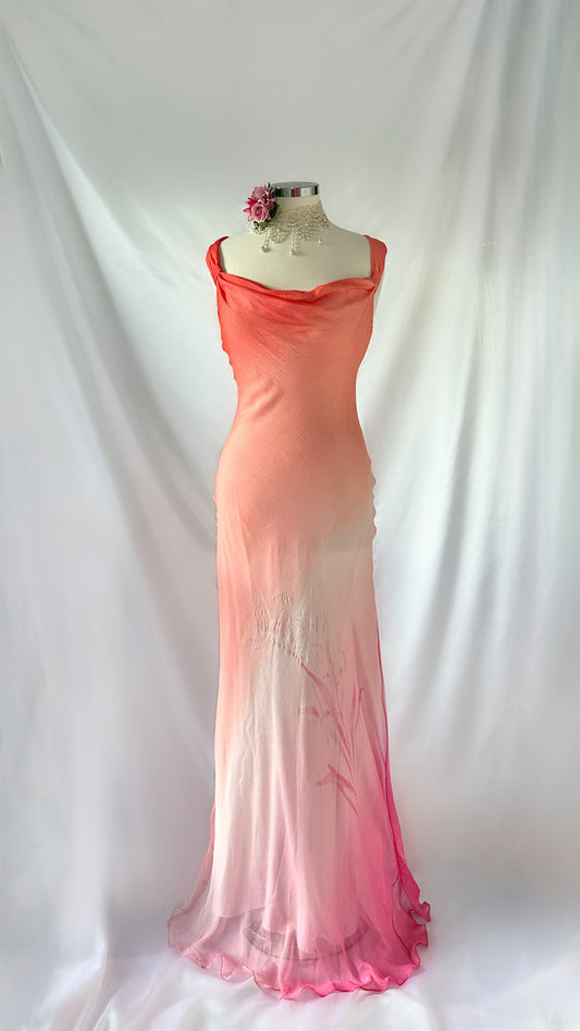 SUNSET PEACH OMBRÉ FLORAL SILK GOWN