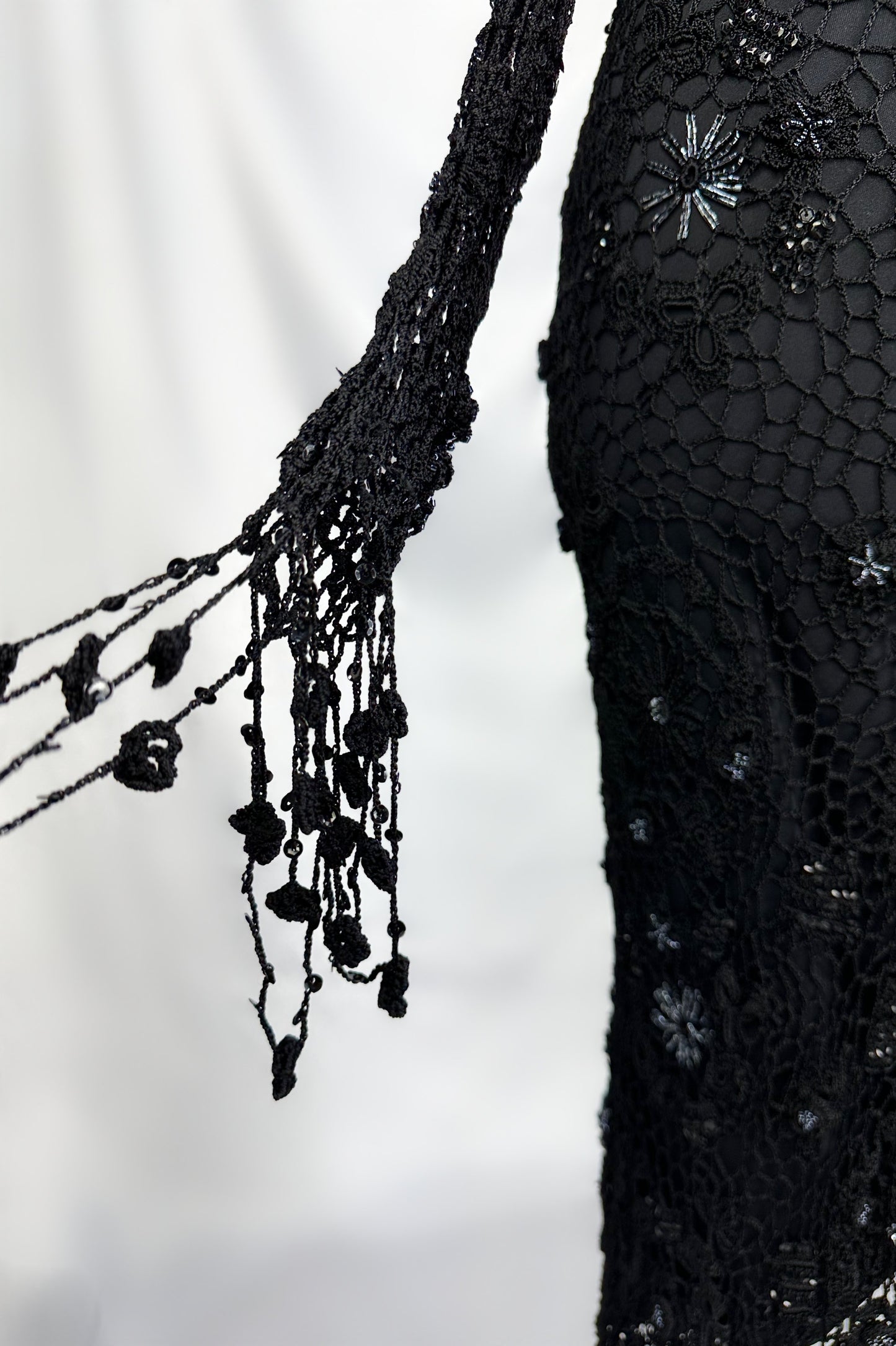 MIDNIGHT SIREN BLACK CROCHET BEADED MIDAXI DRESS & MATCHING CARDIGAN