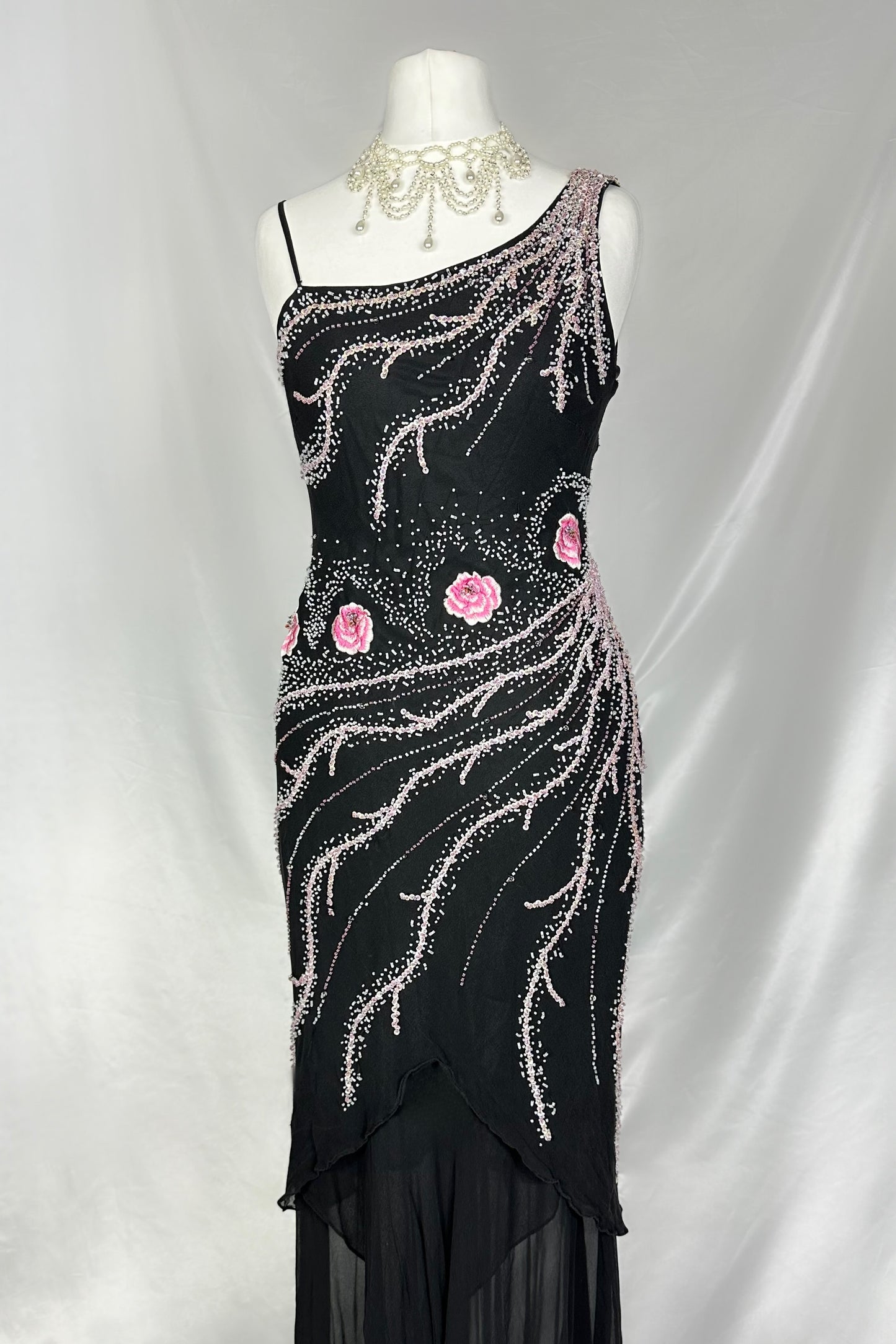 BLACK & PINK BLOSSOM EMBELLISHED SILK MAXI DRESS
