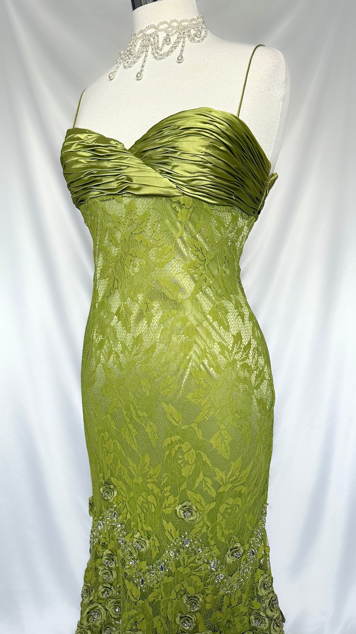 GREEN LACE FLORAL DIAMANTÉ EMBELLISHED MIDI DRESS WITH MATCHING CARDIGAN