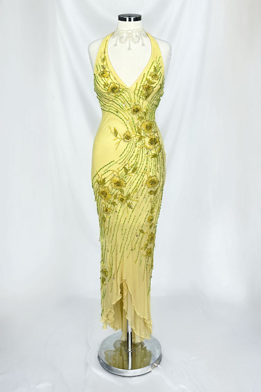 GOLDEN IVY YELLOW SILK EMBELLISHED MIDAXI DRESS