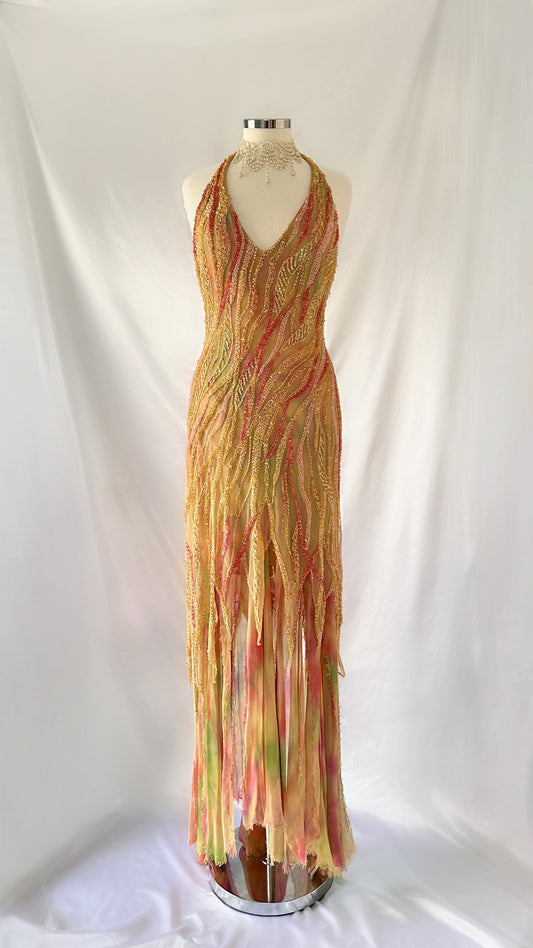 SEA SIREN JELLYFISH EMBELLISHED HALTER NECK SILK GOWN