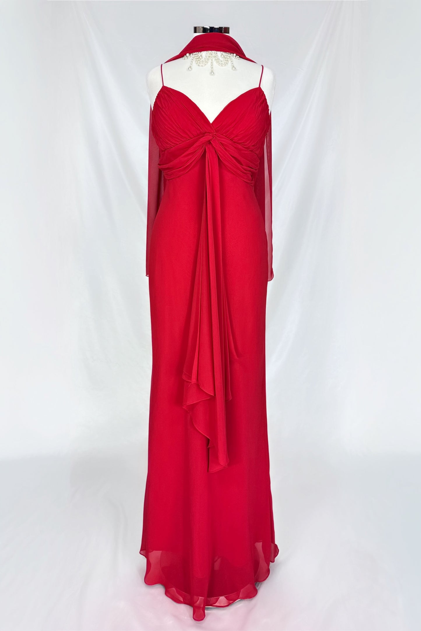 CRIMSON DRAPED BUST MAXI DRESS WITH MATCHING SCARF
