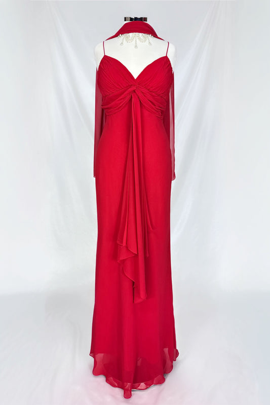 CRIMSON DRAPED BUST MAXI DRESS WITH MATCHING SCARF