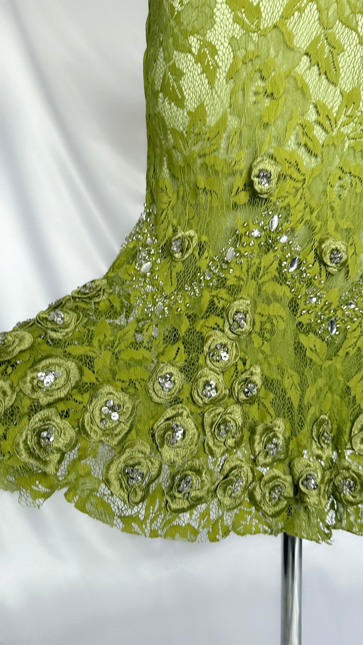 GREEN LACE FLORAL DIAMANTÉ EMBELLISHED MIDI DRESS WITH MATCHING CARDIGAN