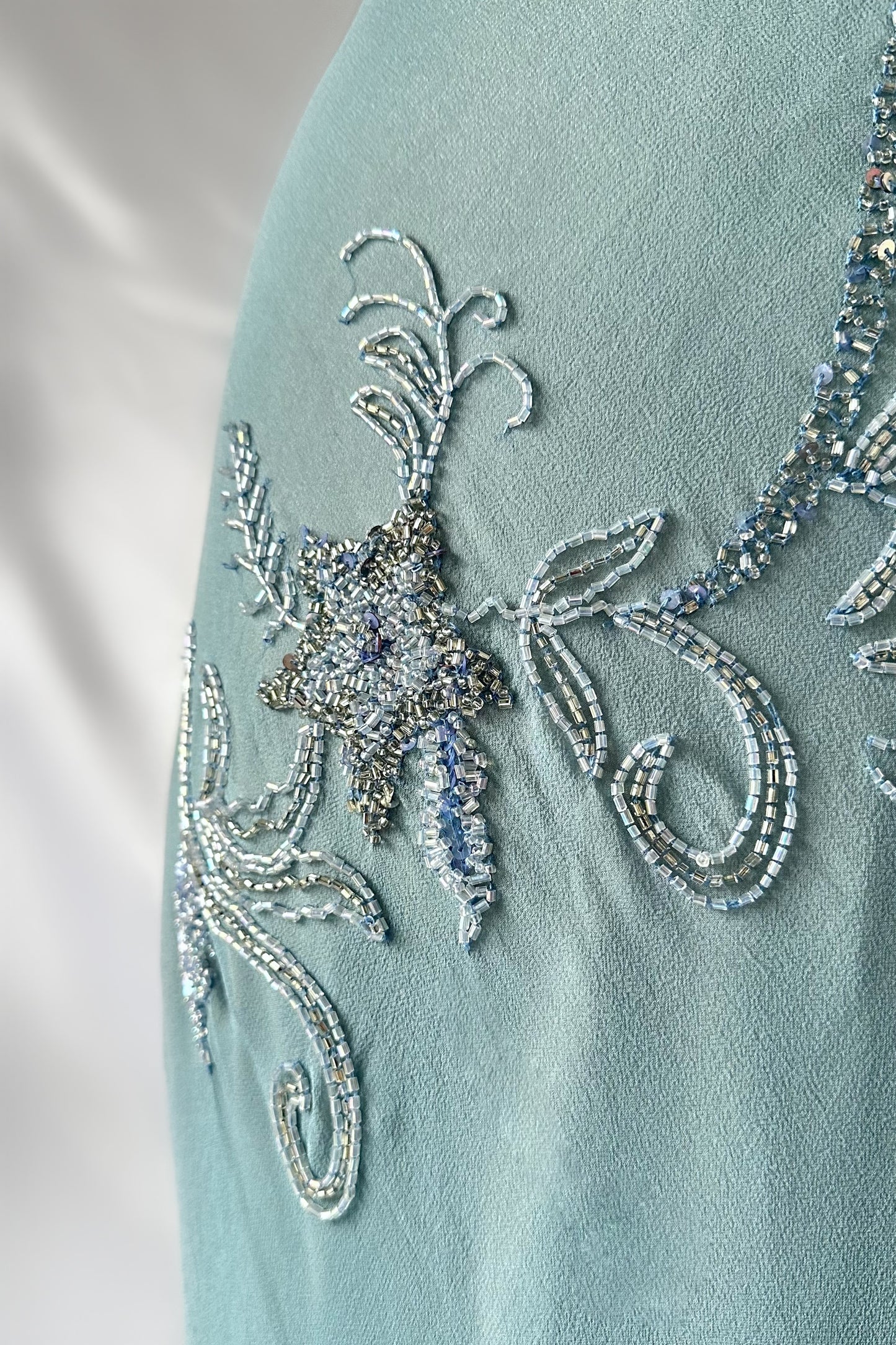 ICE BLUE ASYMMETRICAL FLORAL EMBELLISHED MIDI DRESS