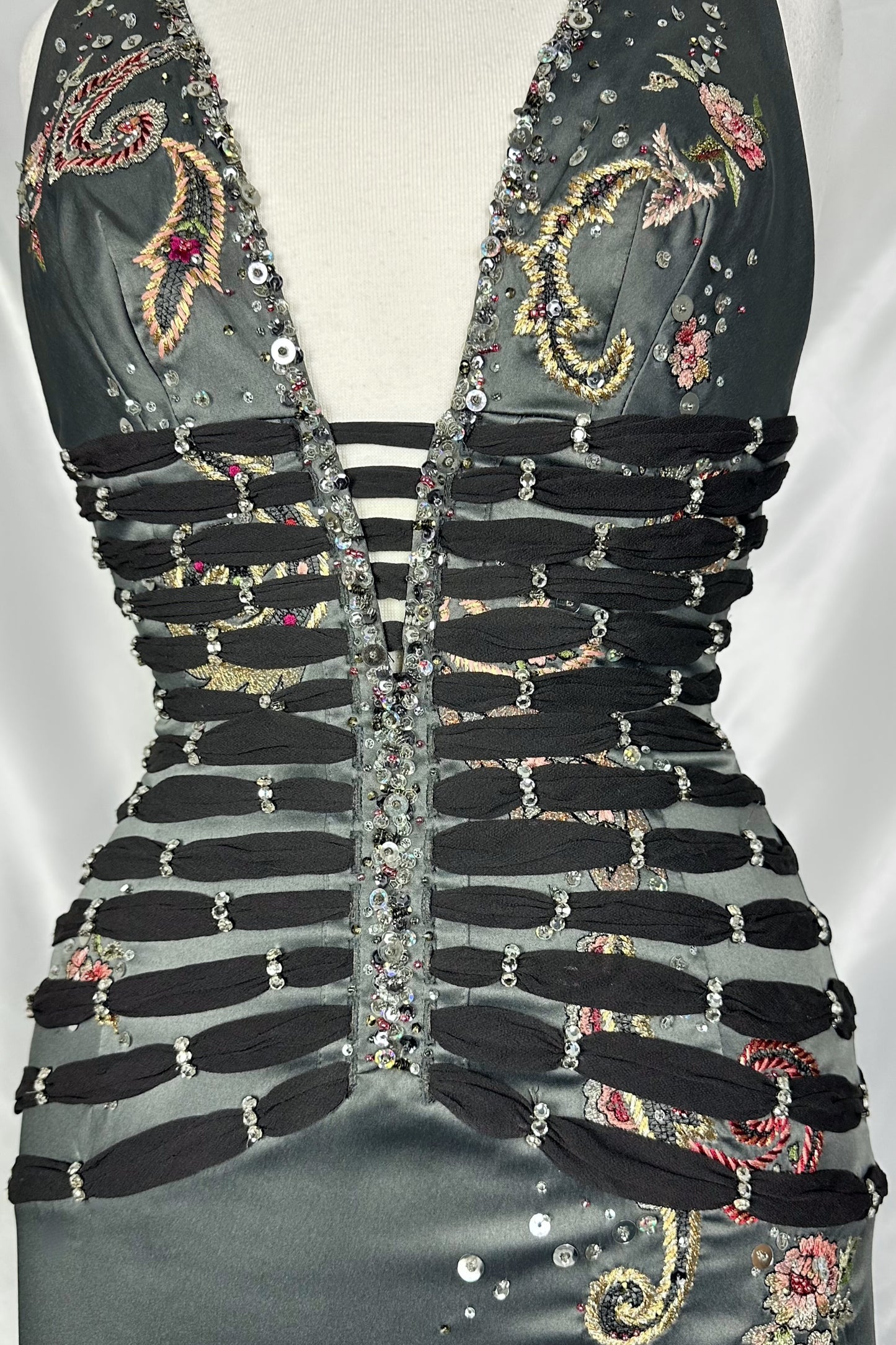 STEEL GREY COUTURE EMBELLISHED V-NECK MIDI DRESS