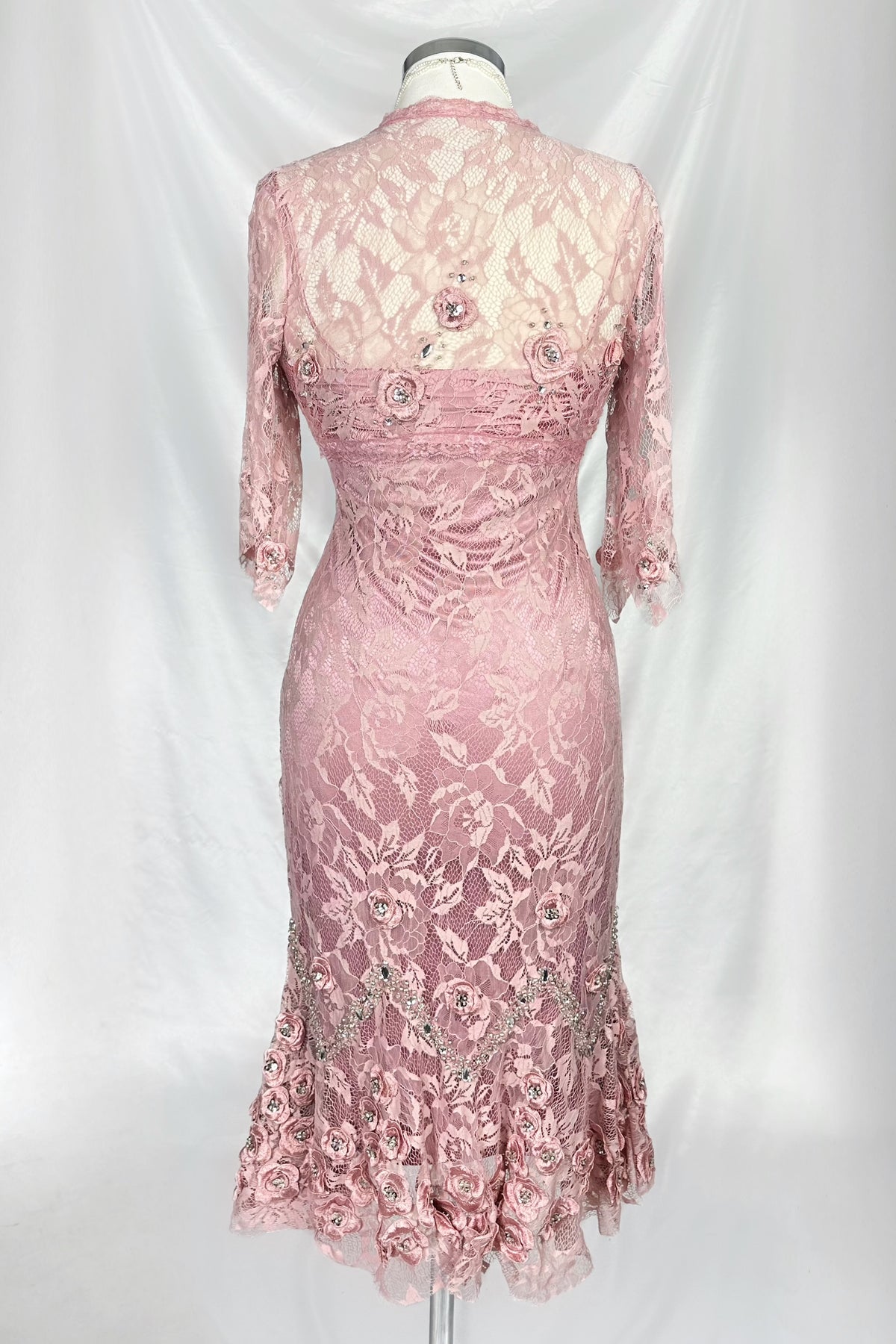 BLUSH PINK ROSE APPLIQUÉ LACE DRESS WITH MATCHING CARDIGAN