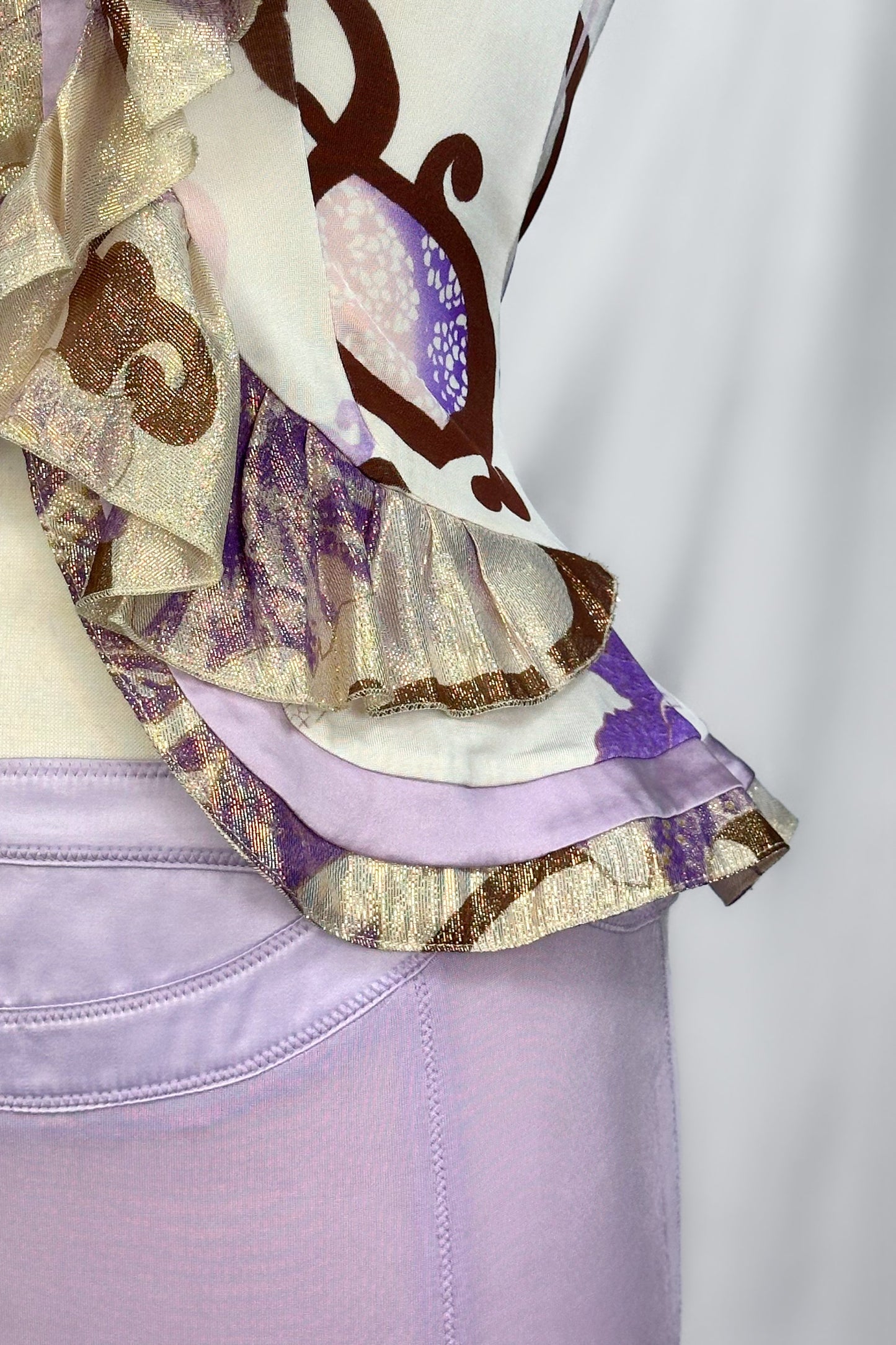 VINTAGE 00s ROBERTO CAVALLI LILAC GOLD RUFFLE PEPLUM TOP & SKIRT SET