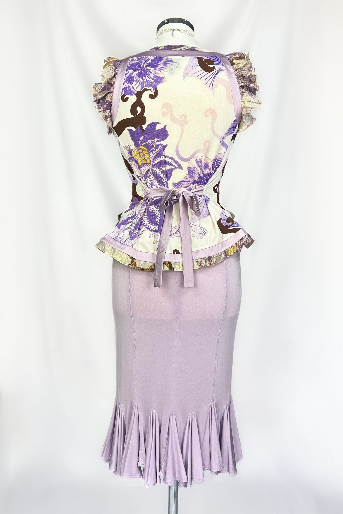 VINTAGE 00s ROBERTO CAVALLI LILAC GOLD RUFFLE PEPLUM TOP & SKIRT SET