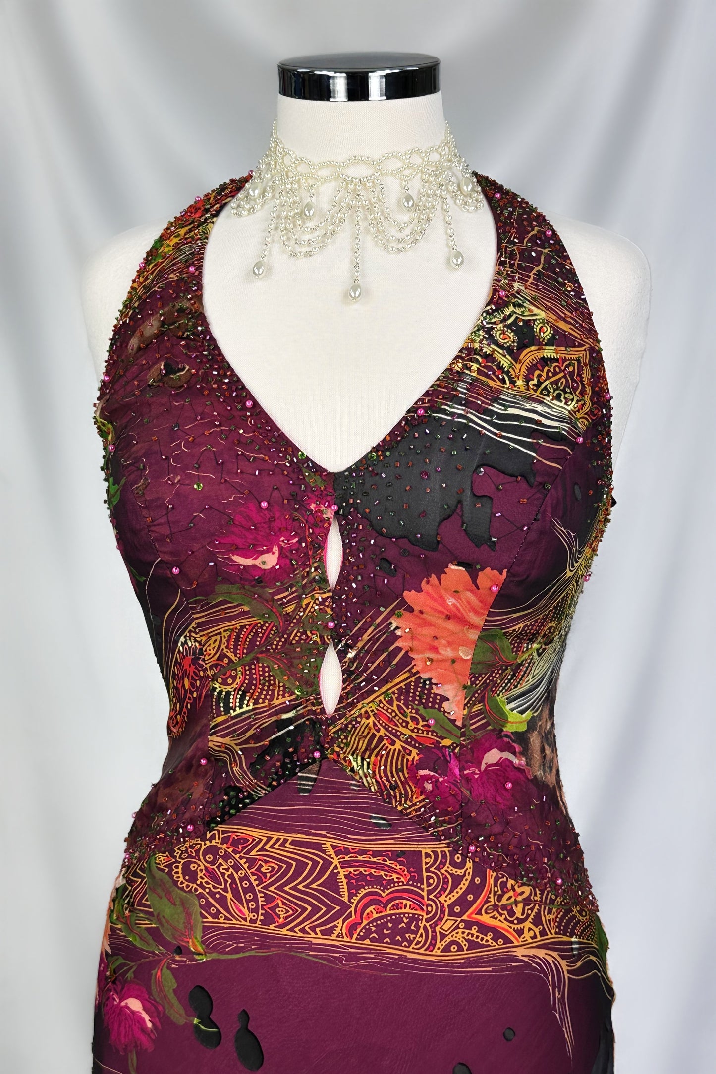 PLUM MIRAGE EMBELLISHED SILK DEVORE HALTER MAXI DRESS