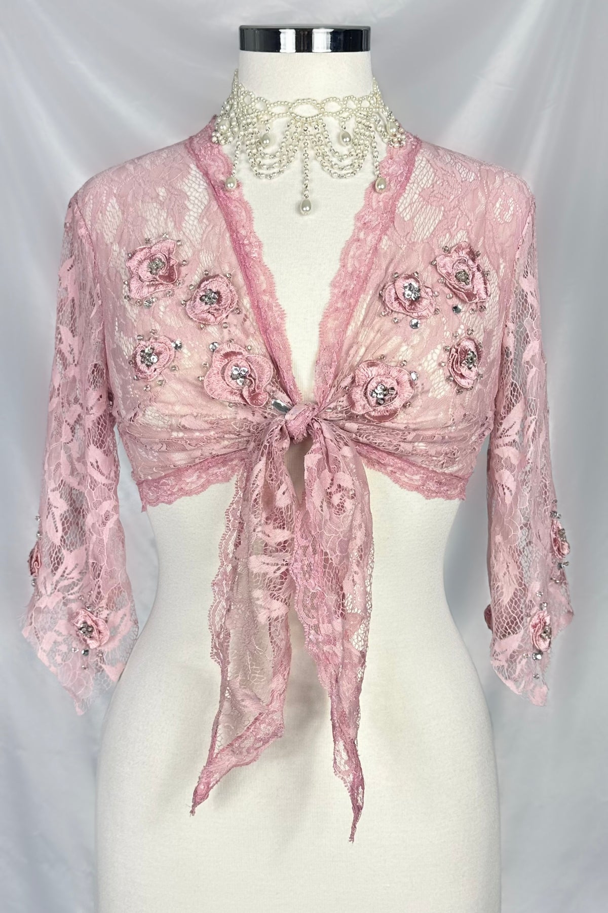 BLUSH PINK ROSE APPLIQUÉ LACE DRESS WITH MATCHING CARDIGAN