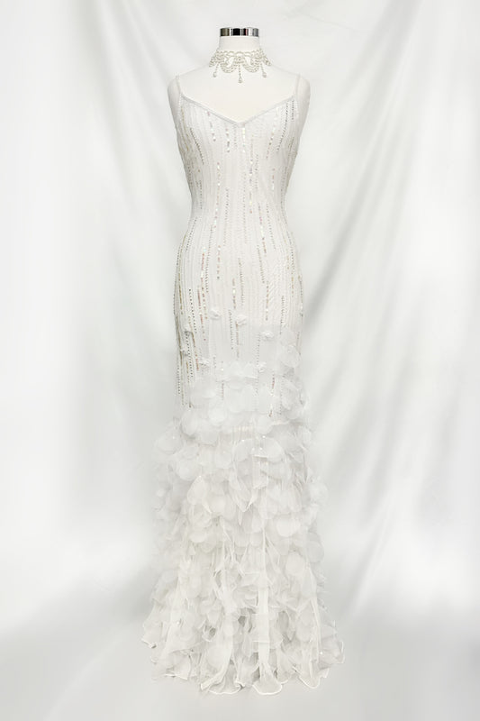 White Swan Ethereal Silk Teardrop Embellished Gown