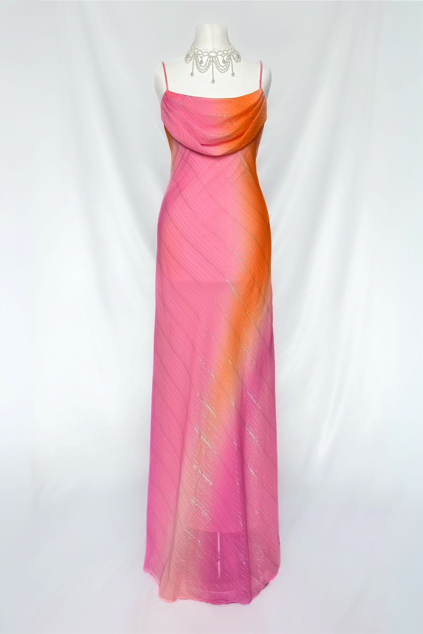 SUNSET SHIMMERS PINK & ORANGE OMBRÉ COWL NECK MAXI DRESS