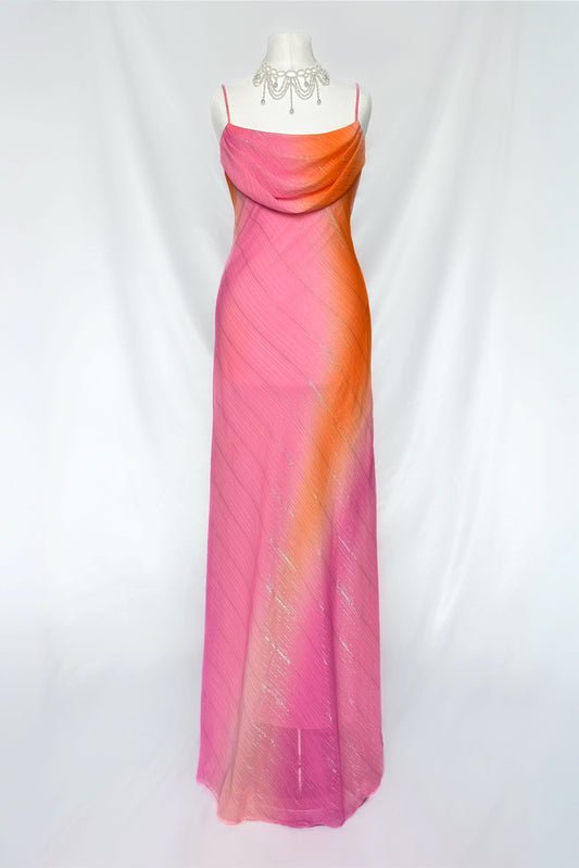 SUNSET SHIMMERS PINK & ORANGE OMBRÉ COWL NECK MAXI DRESS