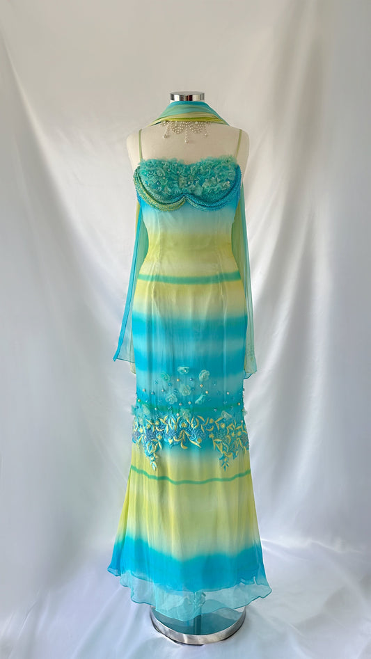 BEACH TROPICS SILK EMBELLISHED GOWN & SCARF SET